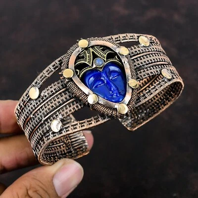Brazalete ajustable envuelto en alambre de regalo de cobre joyería facial tallada azul Foto 1 de 4