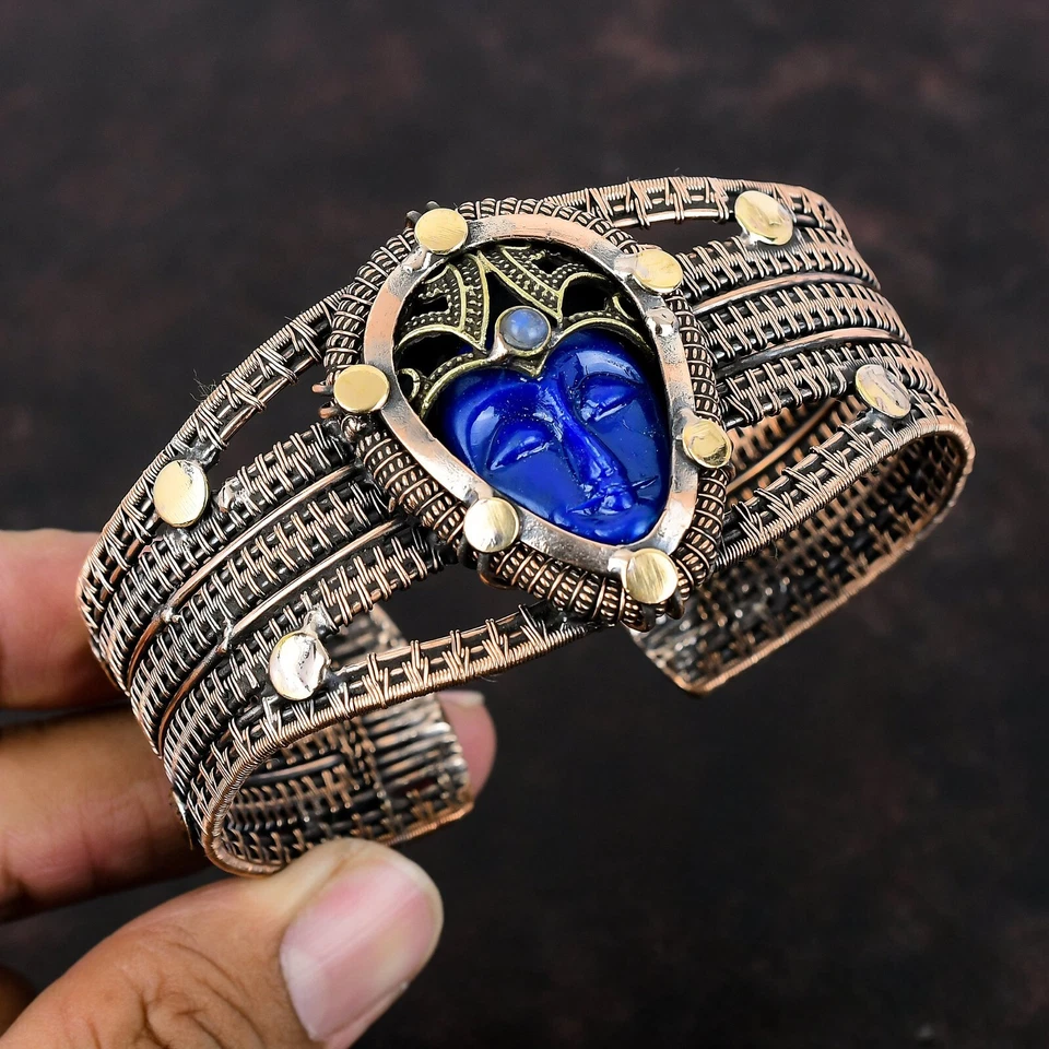 Bracelete ajustável embrulhado com fio de cobre para presente joia facial esculpida azul - Imagem 1 de 4