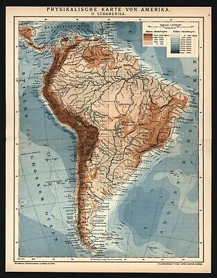Landkarte Anno 1906 - Südamerika - Anden Amazonas Patagonien Feuerland Brasilien • 10€