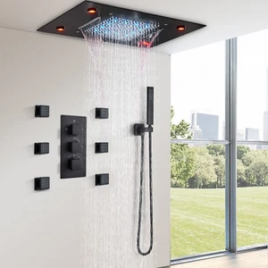 Thermostatic Luxury Shower Faucet Set LED Rain Waterfall Shower Head Combo Kit - Picture 1 of 9