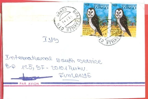 Congo Topic Bird OWL 90f X 2 used on cover to Finland Cover