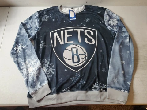 NBA Mens Brooklyn Nets Crew Neck Long Sleeve Shirt Snowflake Winter XMAS XL Cover