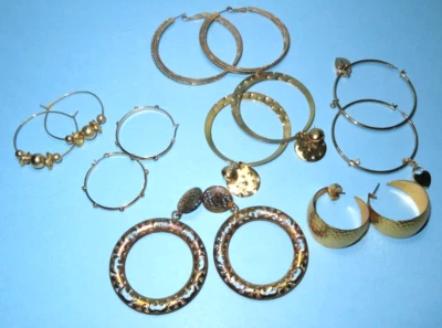 Lot of (7) Big Gold Tone Hoop Earrings KIM, Juicy, unmarked - Image 1 of 4