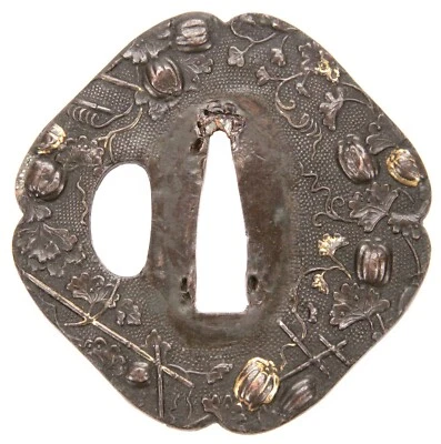 Antique Japanese Tsuba Gourds Vines Sanmai Ko Kinko Soft Metal Sword Guard Old - Image 1 of 4