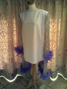Drag Queen White/Gold SHORT dress, cape sleeves Purple feathers 20/22