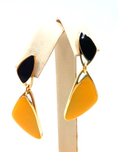 Vintage AVON 1980's 1.75" Gold Tone Black & Yellow Enamel Drop Dangle Earrings