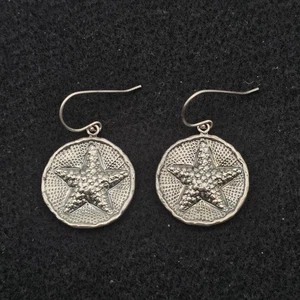 Rustic Style Star Medallion Dangle Earrings Hammered Finish 925 Israel - Picture 1 of 4
