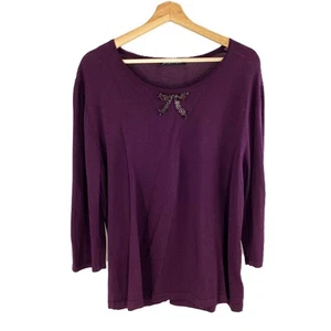 Jacques Vert Purple Beaded Bow Detail Round Neck 3/4 Sleeve Top L - Picture 1 of 3