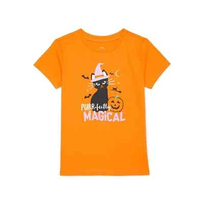 Wonder Nation Girls Halloween Cat Graphic T-Shirt with Short Sleeves Size 6-6X - Image 1 of 4