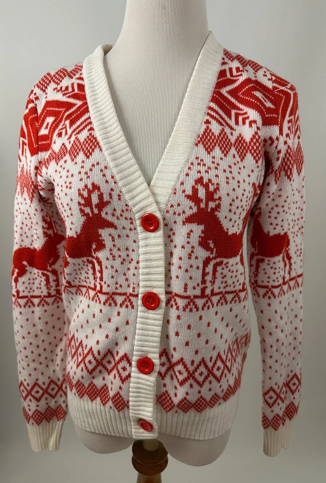 TIPSY ELVES 红色白色跳跃驯鹿丑陋圣诞针织衫 S — 第 1/4 张图片