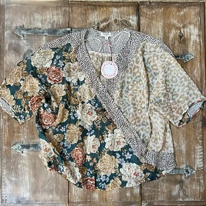 Umgee L-Floral,Animal Print Mix-Faux Wrap-Crossover Top-Dolman Sleeve Boho Tunic - Picture 1 of 18