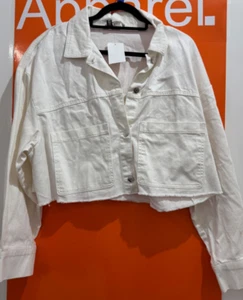 H&M White Denim Button Up Jacket, Pockets, Size Large, New With Tag, sf - Picture 1 of 2
