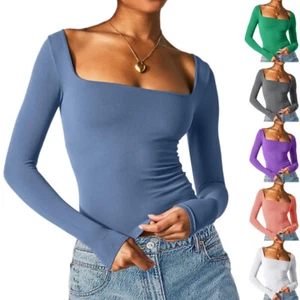 Women's Fashion Tight Low Square Neck Long Sleeve Thermal Under Shirt Top - Picture 1 of 36