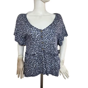 Lucky Brand Women's Blue floral print short sleeve v-neck Top  blouse size S (11 - Picture 1 of 12