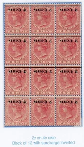 1888 Ceylon 2c on 4c Rosy SG203a Surcharge  Inverted Blk of 12 M/M (1432) - Picture 1 of 2