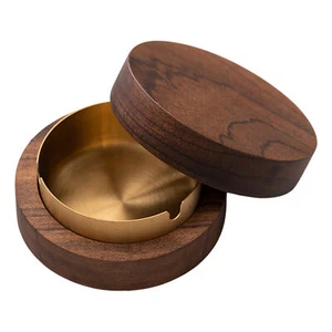 Ashtray Wooden Ashtray For Smokers Stainless Steel Liner Ash Tray With Cover - Foto 1 di 8