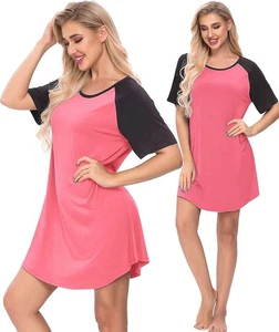 Damen Nachthemd Baumwolle Kurzarm Sommer Nachtwäsche Schlafanzug Rot S - Bild 1 von 1