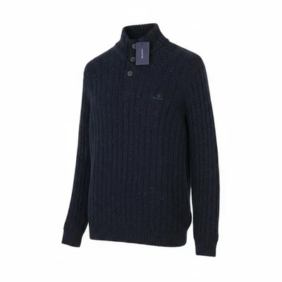 Gant Neps Boutons Col Montant Pull Homme 2XL Bleu Mélange De Laine Tricot RRP179 - Photo 1/4