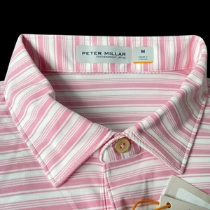 Peter Millar Featherweight Stripe Polo Shirt Pink Size Medium $100 - Picture 1 of 8