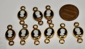 VINTAGE 9 SMALL RESIN CAMEOS IN BRASS CONNECTOR BEADS BLACK & 6L 3R LOTC9 - Picture 1 of 2