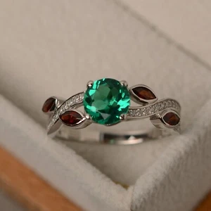Emerald round cut rings, Emerald ring, multistone ring, leaf ring, 925 Silver - Picture 1 of 4