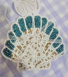 Seashell Beaded Coasters Turquoise Beaded Shells Coaster Set of 4 Handcrafted - Picture 1 of 4
