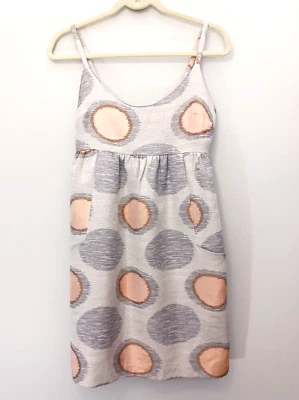 Hunter Dixon Anthropologie Sun Dress Baby Doll Size 2 Gray Orange Big Dot Lined - Image 1 of 4
