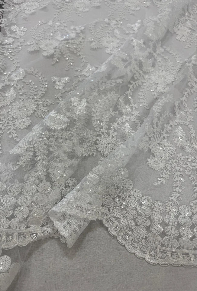48"/50" Wide Corded Floral Lace Fabric with Sequins – Mesh Embroidered Fabric - Image 1 of 1