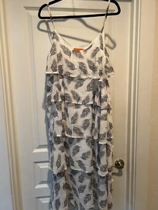 Patrizia Luca Dress Large Midi Tiered Ruffle Spaghetti Strap white/Black Print - Picture 1 of 4