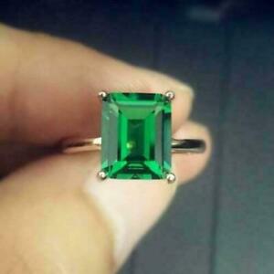 14K Yellow Gold Plated Emerald Cut Lab Created Green Emerald Women Wedding Ring
