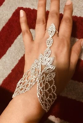 Brazalete de plata transparente de cristal blanco con estrás de boda esclavo cadena de mano Foto 1 de 4