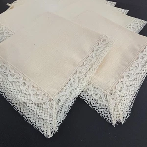 Linen Cottagecore Dinner Napkins Beige Elegant Lace Edge Set 8 Vintage Shabby - Picture 1 of 5