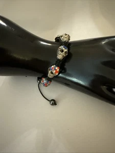 Bracciale Gotico Regolabile Testa di Teschio Pietra Reno Filo Nero - Foto 1 di 6