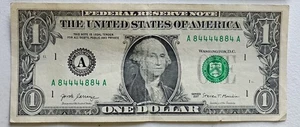 BINARY NOTE - 2017 $1 DOLLAR - FANCY SERIAL - # A84444884A - CIRCULATED - Picture 1 of 2