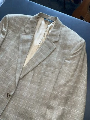 Jos A Bank Beige Blue Windowpane Plaid Silk Wool Blend 40R SALE - Image 1 of 4