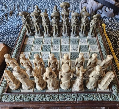 Chess Set Vintage Mexican (Stone Pieces) Mexican Soldiers Authentic  - Image 1 of 4
