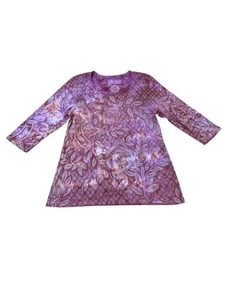GLIMA Women's Pink Rose & Diamond Pattern T-Shirt 3/4 Sleeve 100% Cotton Hippie - Picture 1 of 5