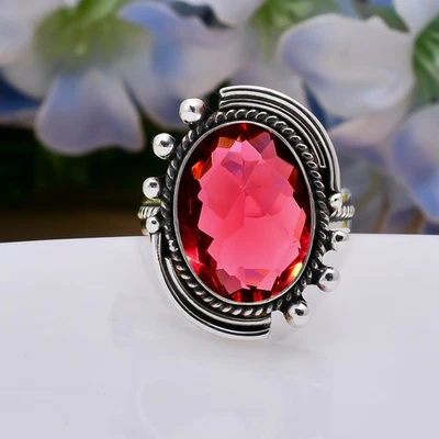 Elegante anillo de plata esterlina 925 maciza de turmalina rubelita rosa joyería V5050 Foto 1 de 4