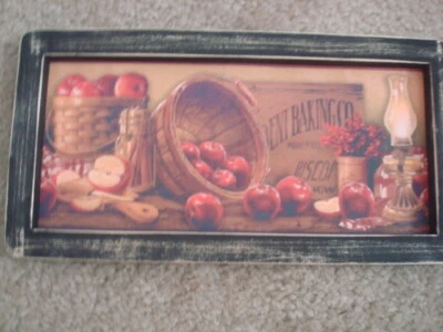 Primitive Country Print **2 OLD BASKETS WITH APPLES** 6" x 12" - Image 1 of 3