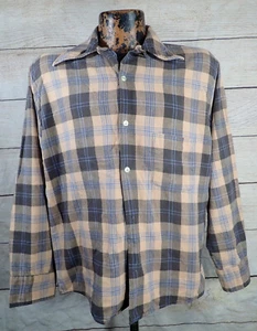 True Vintage 50's 60's Brown Plaid Loop Collar Flannel Shirt Mens M Big Dagger - Picture 1 of 14