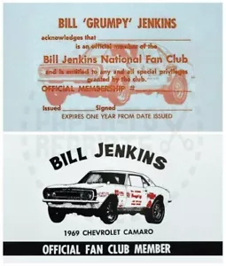 BILL JENKINS FAN CLUB TESSERA ASSOCIATIVA - 1969 CAMARO - RISTAMPA VINTAGE - Foto 1 di 1
