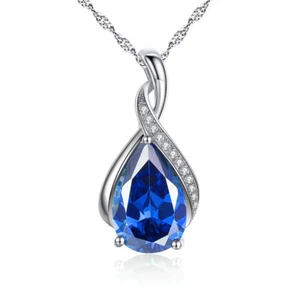 925 Sterling Silver Simulated Blue Pear Sapphire Pendant Necklace Gift For Women - Picture 1 of 6