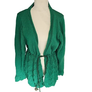 Hand Knit Emerald Green Cardigan Crochet Waist Rope Tie Long Sleeve Size Large - Picture 1 of 9