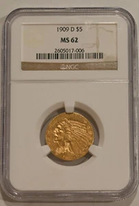 Moneda de media águila cabeza india de 5 dólares de oro D 1909 NGC ESTADO COMO NUEVA 62 - Imagen 1 de 4