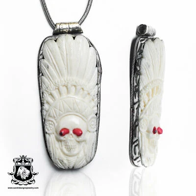 War Bonnet Wearing Native Skull Tibetan Repousse Silver Pendant 4MM Chain N487 Foto 1 de 4
