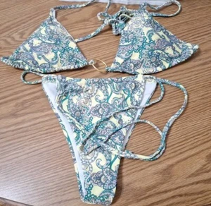 SOLY HUX Womens Paisley Print Bikini Set Halter Tie Side Triangle Swimsuits Med - Picture 1 of 5