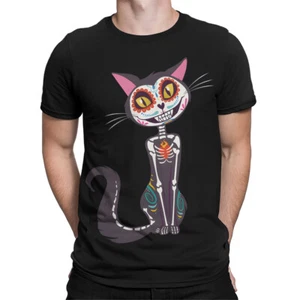 Day of the Dead Black Cat Sugar Skull Mens T-Shirt Playful Design #DOTD - Picture 1 of 23