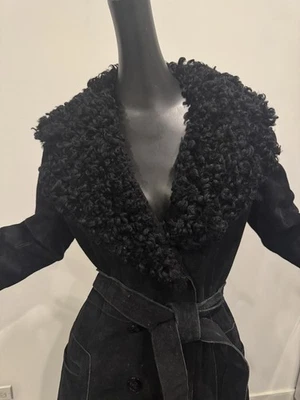 Abrigo de princesa de colección años 70 M/L cuero negro gamuza piel rizado cordero Penny Lane Foto 1 de 4