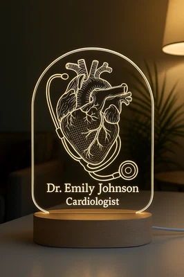 Luz nocturna personalizada para cardiólogo | Regalo LED personalizado para médicos con láser E Foto 1 de 4