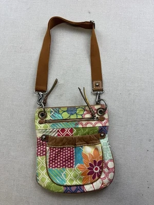 Fossil Boho Hippie Crossbody Shoulder Bag Flowers Canvas Purse Zip Leather - Image 1 of 4